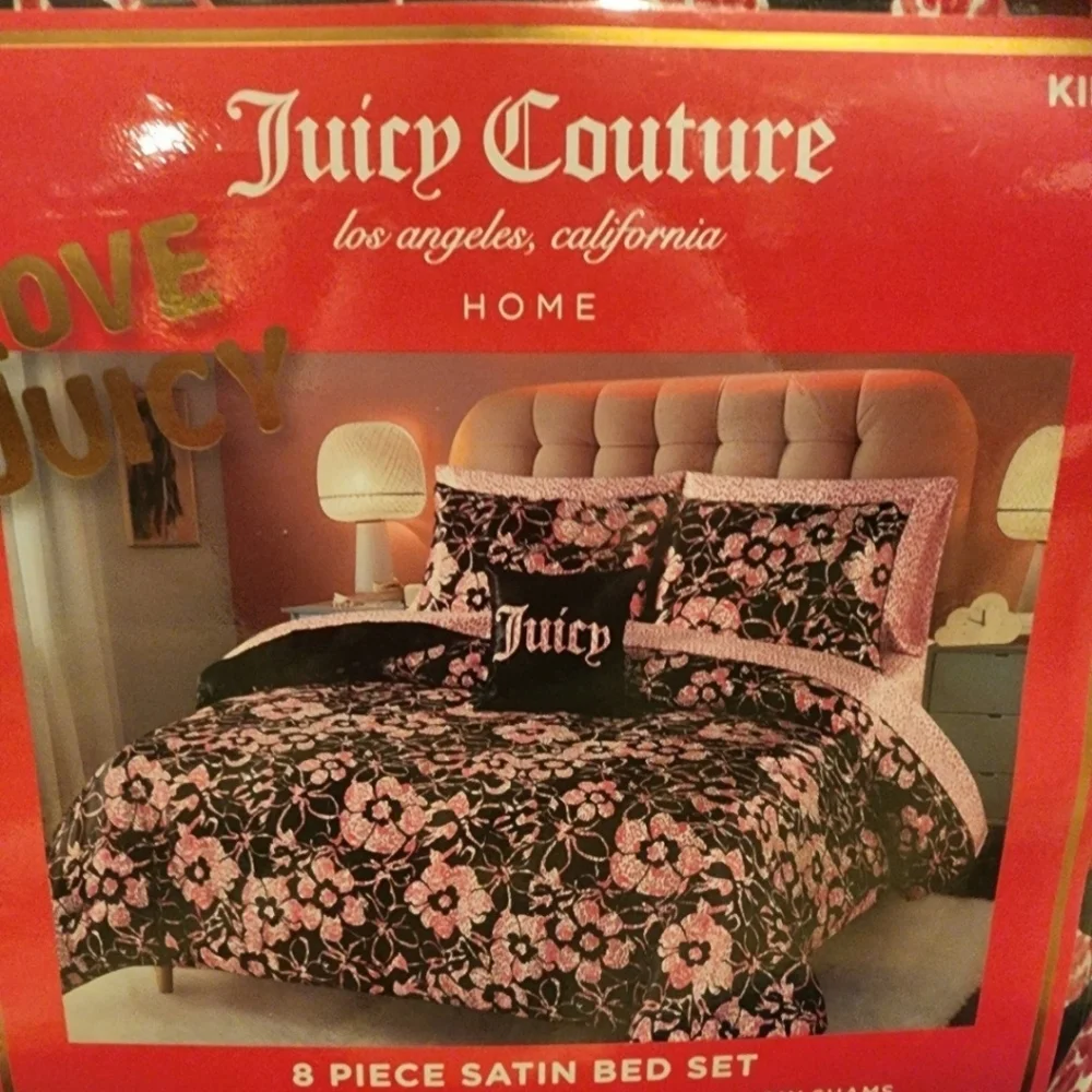 Juicy Couture Floral Satin King 8pc Comforter Set Black w/Pink Leopard Flowers